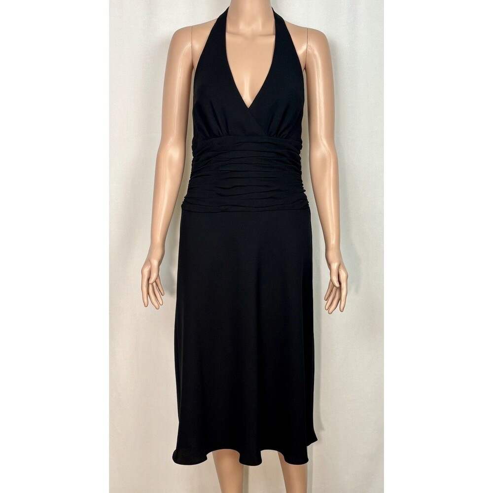 Jones Wear Dress Size 10 Black Halter V-Neck Ruched Midi LBD Y2K Prom Cocktail